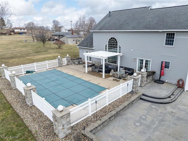 view of pool with grilling area, a fenced in pool, an outdoor hangout area, a fenced backyard, and a patio area