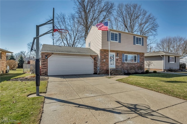 colonial house featuring brick siding, a garage, concrete driveway, and a front lawn