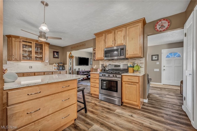 kitchen featuring a ceiling fan, glass insert cabinets, wood finished floors, and appliances with stainless steel finishes