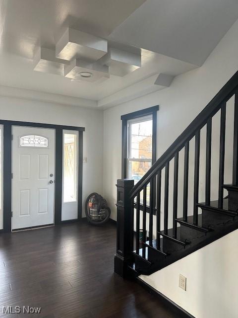 foyer with stairs and dark wood-type flooring