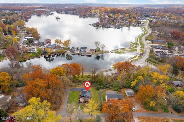 drone / aerial view with a water view