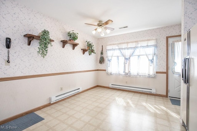 spare room with wallpapered walls, light floors, baseboard heating, and wainscoting