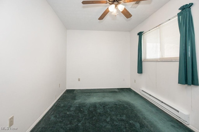 empty room with a ceiling fan, baseboards, baseboard heating, and carpet flooring