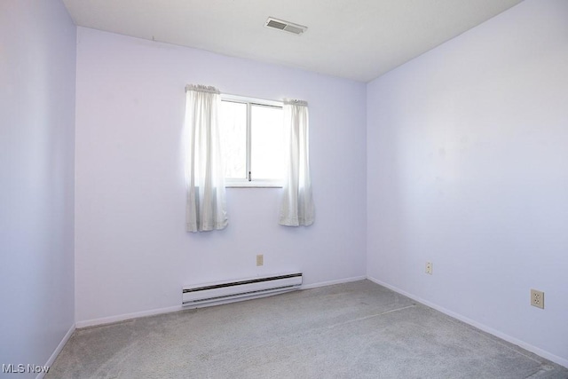 spare room with visible vents, carpet floors, baseboards, and a baseboard radiator