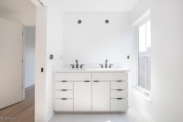 bathroom featuring a sink, baseboards, wood finished floors, and double vanity