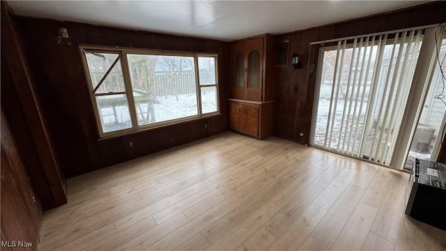 spare room featuring a wealth of natural light, wooden walls, and wood finished floors