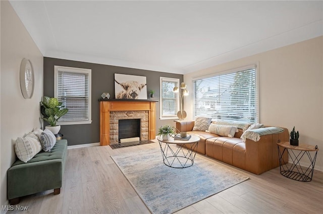 living room featuring a fireplace, baseboards, and wood finished floors