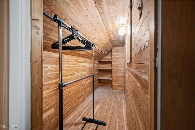 walk in closet featuring lofted ceiling and wood-type flooring