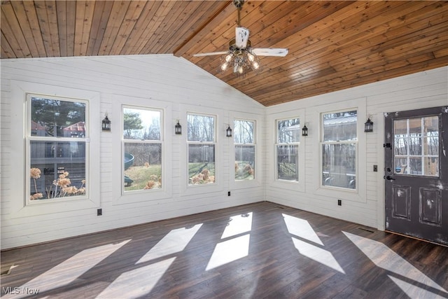 unfurnished sunroom with wood ceiling, ceiling fan, and vaulted ceiling