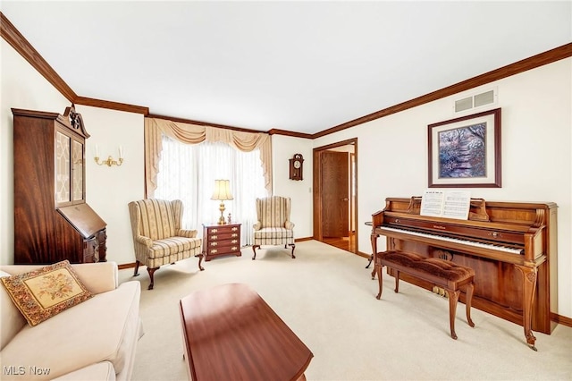 carpeted living room with crown molding, baseboards, and visible vents