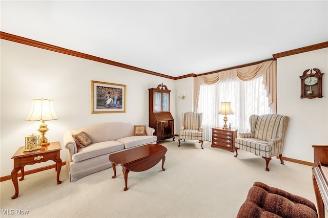 living room with carpet floors, baseboards, and ornamental molding