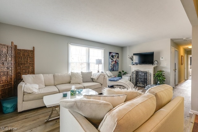 living area featuring a textured ceiling, wood finished floors, and a fireplace