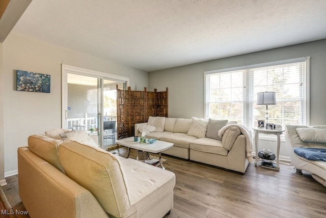 living room with a textured ceiling and wood finished floors