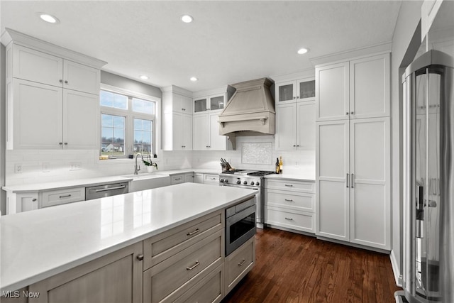 kitchen with glass insert cabinets, dark wood finished floors, custom range hood, appliances with stainless steel finishes, and a sink