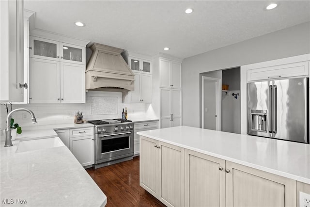 kitchen with backsplash, high quality appliances, light countertops, custom exhaust hood, and a sink