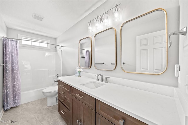 bathroom with tile patterned floors, visible vents, toilet, shower / bath combination with curtain, and vanity