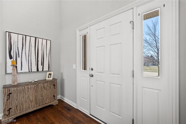 foyer with a healthy amount of sunlight, baseboards, and dark wood-style flooring