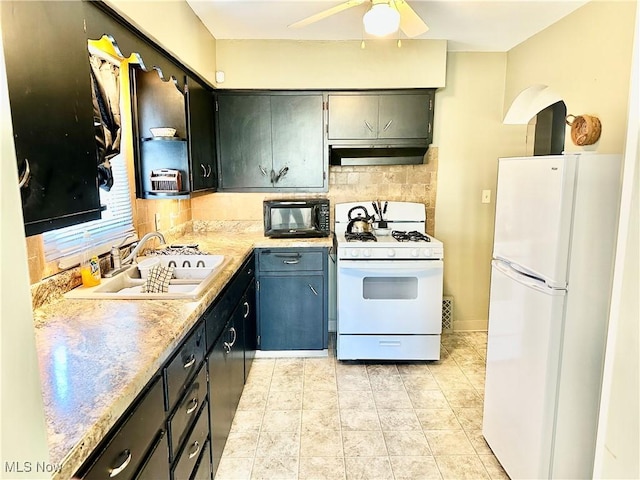 kitchen featuring a ceiling fan, a sink, under cabinet range hood, tasteful backsplash, and white appliances