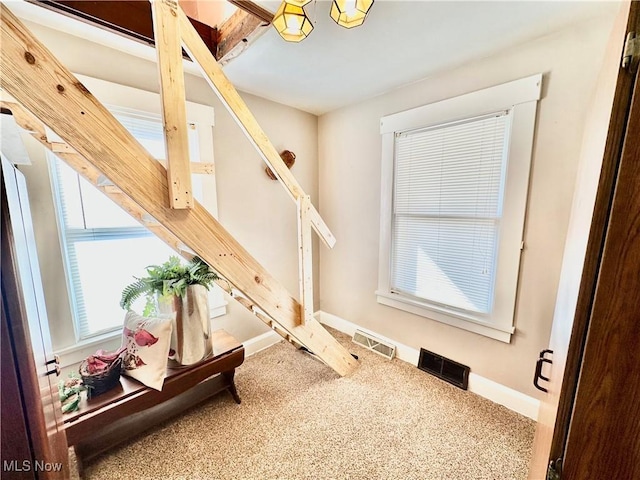 interior space featuring visible vents, baseboards, and carpet