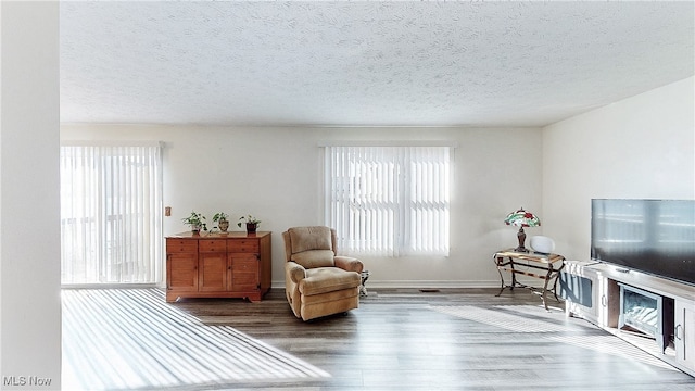 sitting room with baseboards, a textured ceiling, and wood finished floors