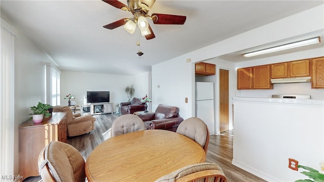 dining area featuring light wood-style flooring and ceiling fan