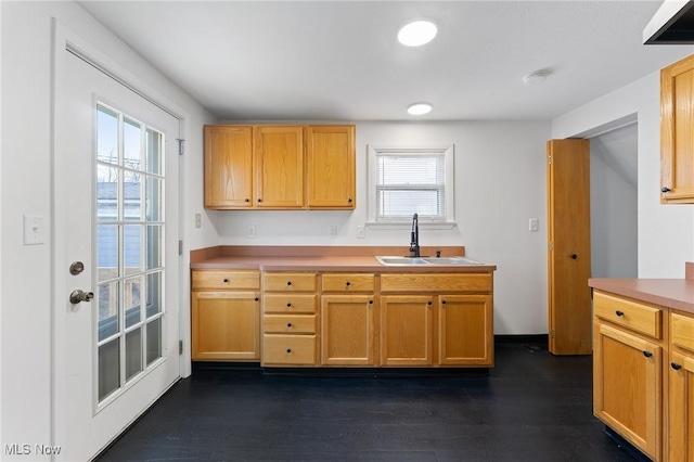 kitchen with light countertops, dark wood-style flooring, and a sink