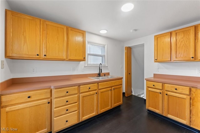 kitchen featuring dark wood finished floors, light countertops, and a sink