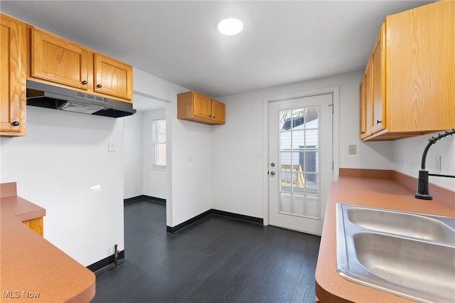 kitchen with dark wood-type flooring, light countertops, under cabinet range hood, and a sink