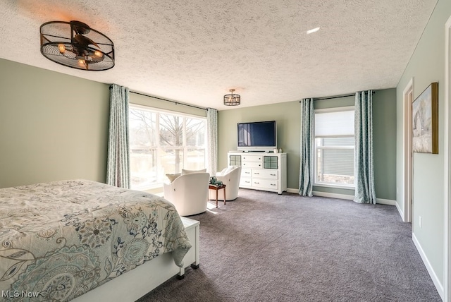 carpeted bedroom with multiple windows, a textured ceiling, and baseboards