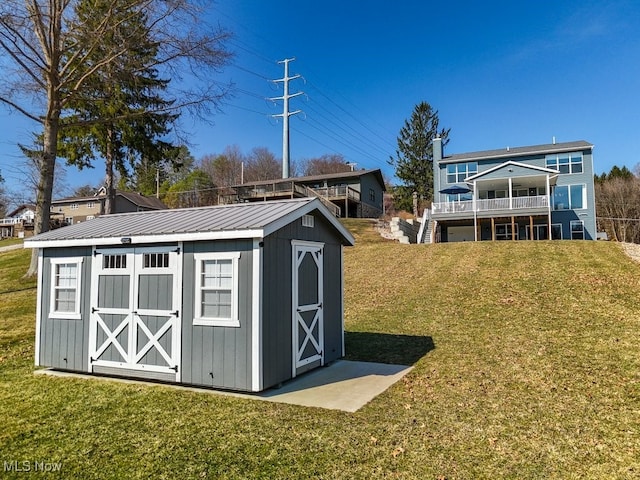 view of shed featuring stairs