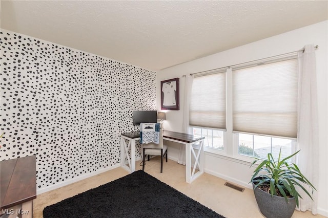 carpeted home office with baseboards, visible vents, and a textured ceiling