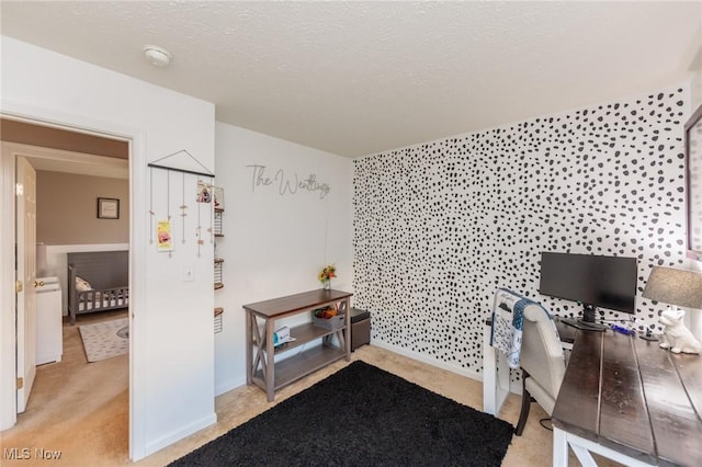 home office with light colored carpet and a textured ceiling