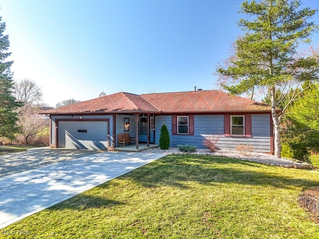 single story home featuring a garage, driveway, a porch, and a front yard