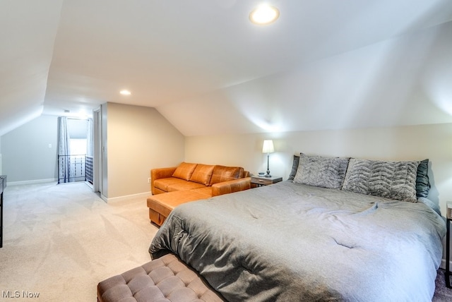 bedroom featuring light carpet, recessed lighting, baseboards, and vaulted ceiling