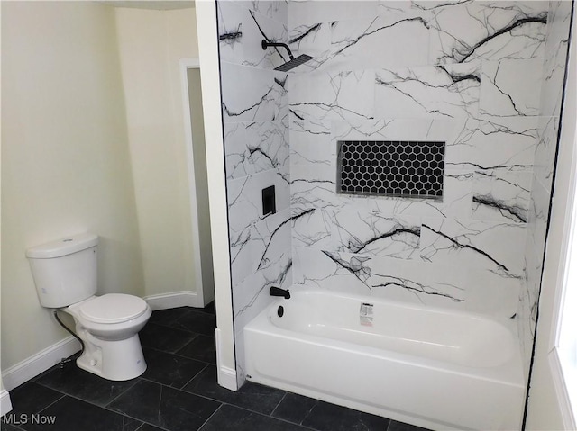 full bathroom with tile patterned flooring, bathing tub / shower combination, toilet, and baseboards