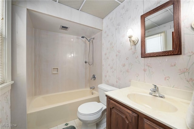 full bath featuring visible vents, toilet, wallpapered walls, tub / shower combination, and vanity