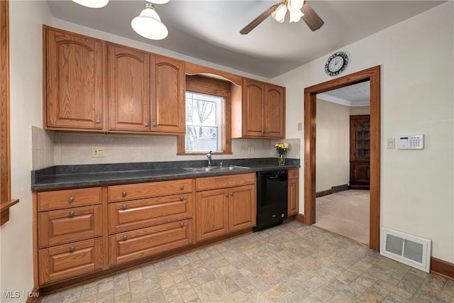 kitchen with dark countertops, visible vents, ceiling fan, dishwasher, and a sink