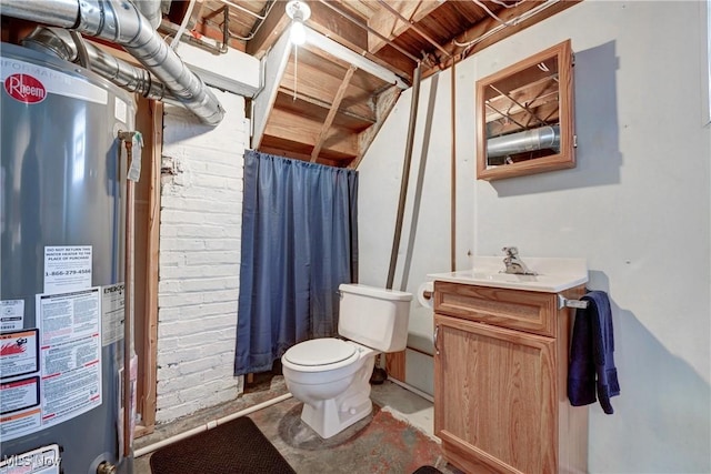 full bathroom with a shower with shower curtain, gas water heater, toilet, and vanity