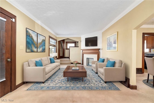 living room featuring crown molding, baseboards, and a large fireplace