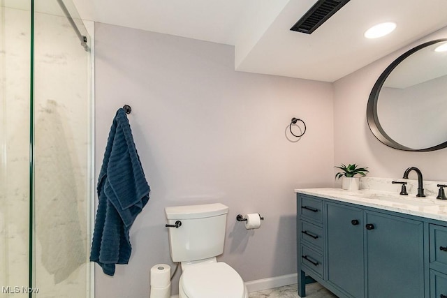 bathroom with visible vents, toilet, marble finish floor, baseboards, and vanity