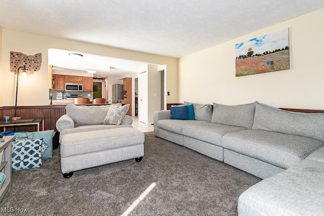 living area featuring light colored carpet and a textured ceiling