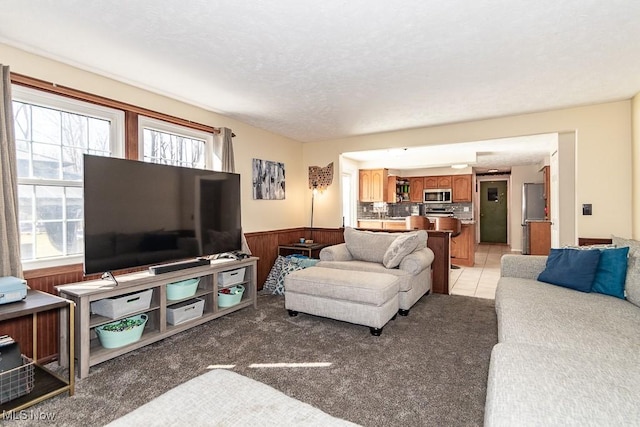 living room featuring light carpet, a wainscoted wall, a textured ceiling, and wooden walls