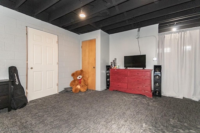 basement featuring carpet floors and concrete block wall