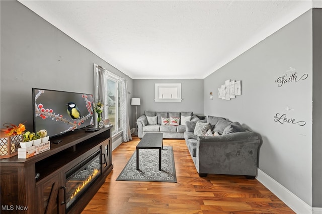 living area featuring baseboards and wood finished floors