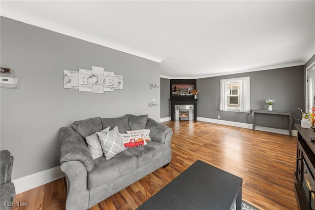 living area featuring baseboards and wood finished floors