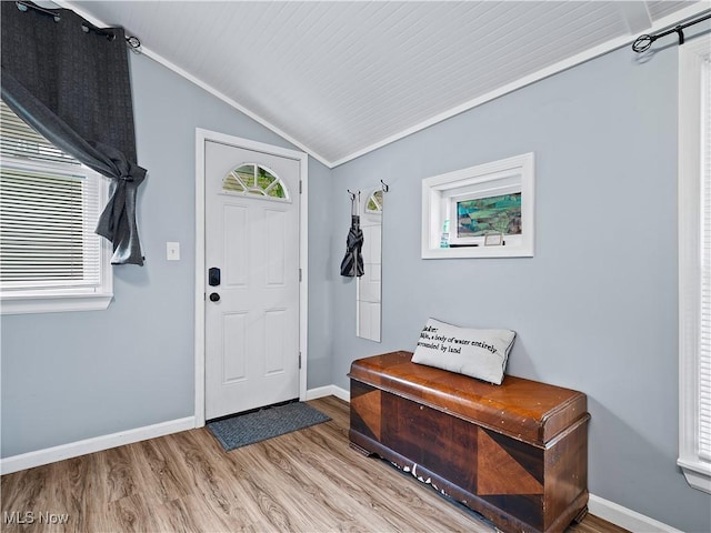 entryway featuring baseboards, plenty of natural light, wood finished floors, and vaulted ceiling