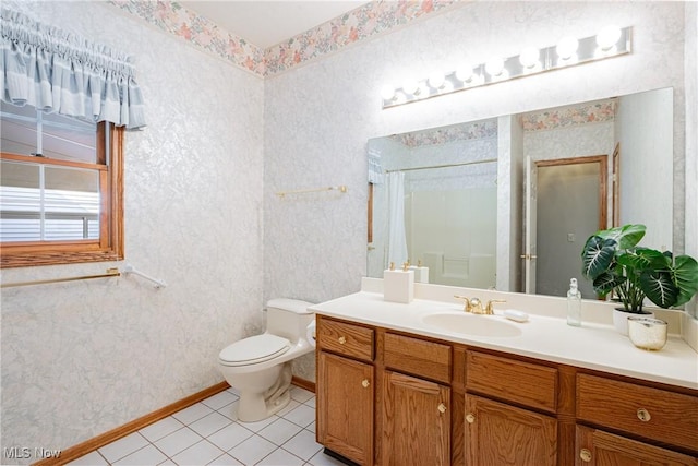 bathroom featuring tile patterned flooring, wallpapered walls, toilet, vanity, and a shower