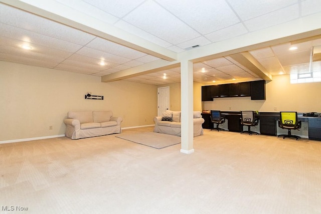 interior space with recessed lighting, baseboards, visible vents, and light carpet