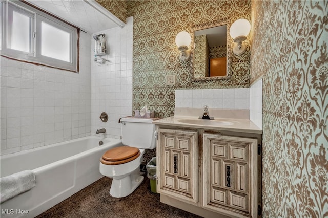 full bath with toilet, wallpapered walls, and vanity