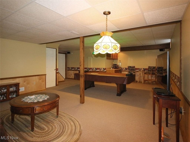 recreation room featuring wainscoting, pool table, a paneled ceiling, and carpet